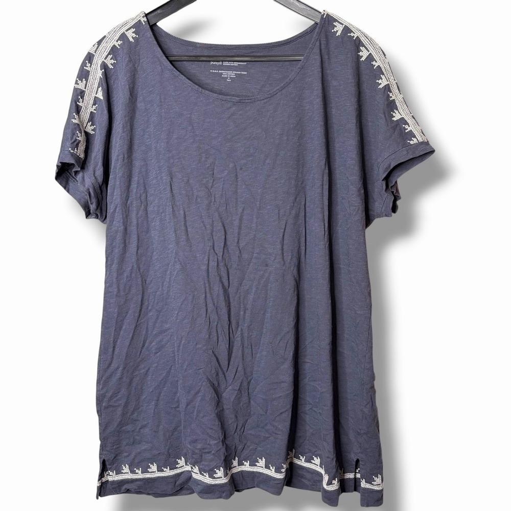 J. Jill Pure Jill Embroidered Dolman Tunic Medium Tall Gray Boho Organic Tee